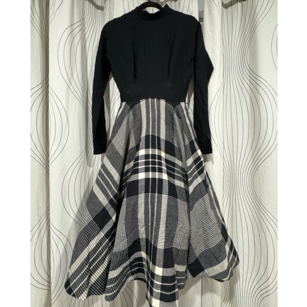 Vintage 60s Black White Plaid Dress